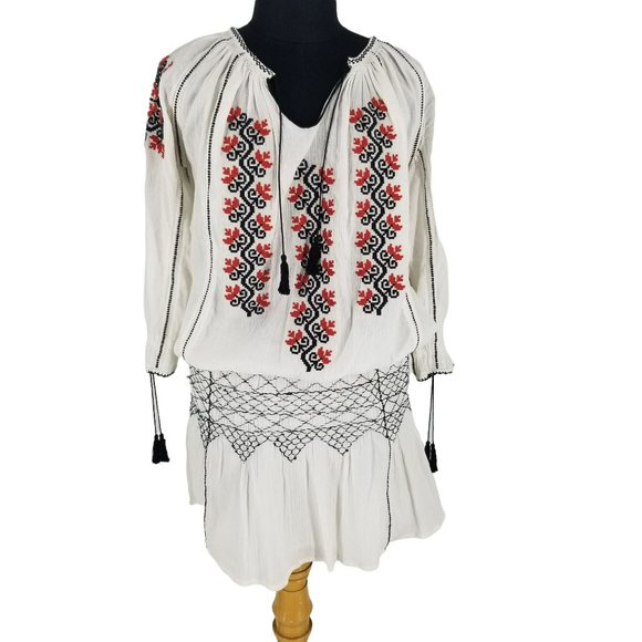 Ulla Johnson Samira White Black Red Embroidered Long Sleeve Mini Boho Dress - Picture 2 of 15